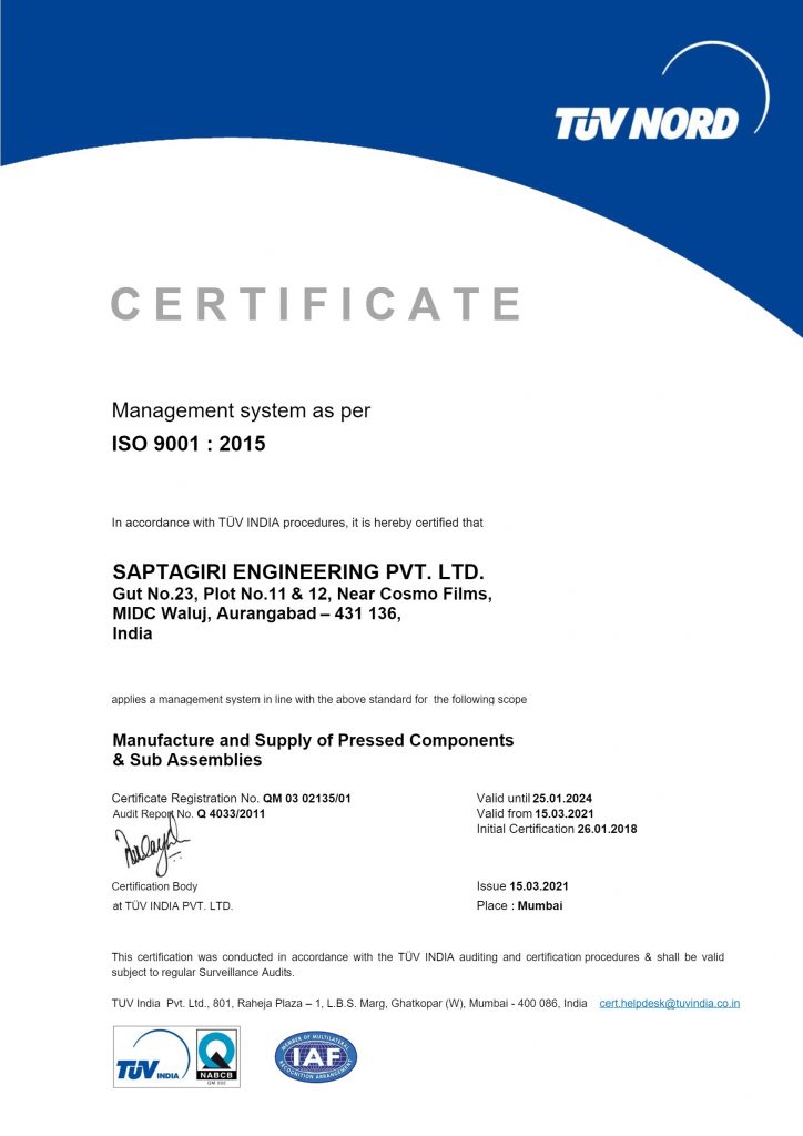 ISO 9001:2015 Saptagiri Engineering